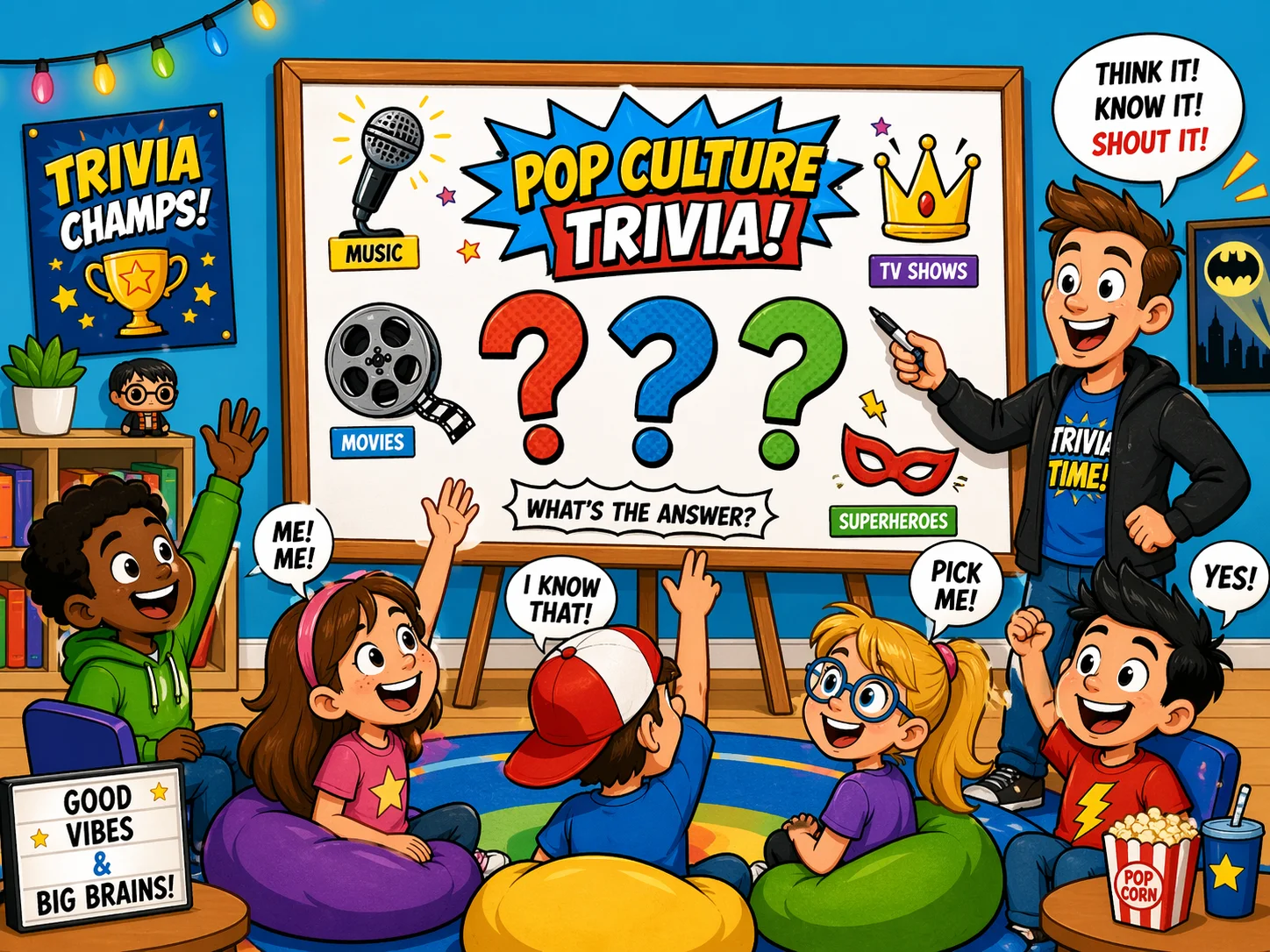 Pop culture trivia questions and answers for kids during an exciting classroom game.