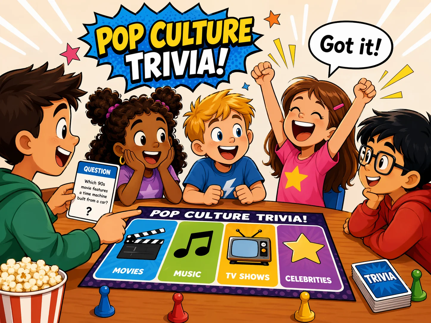 Pop culture trivia questions for kids with answers in a fun classroom quiz scene.