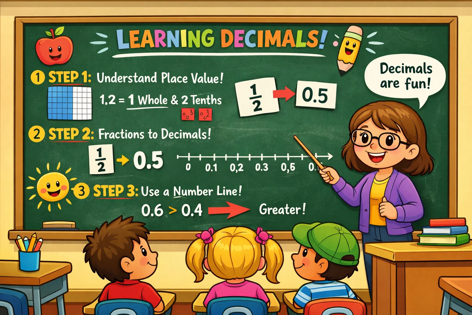 Progressive steps teaching decimals with examples number line and classroom visuals.