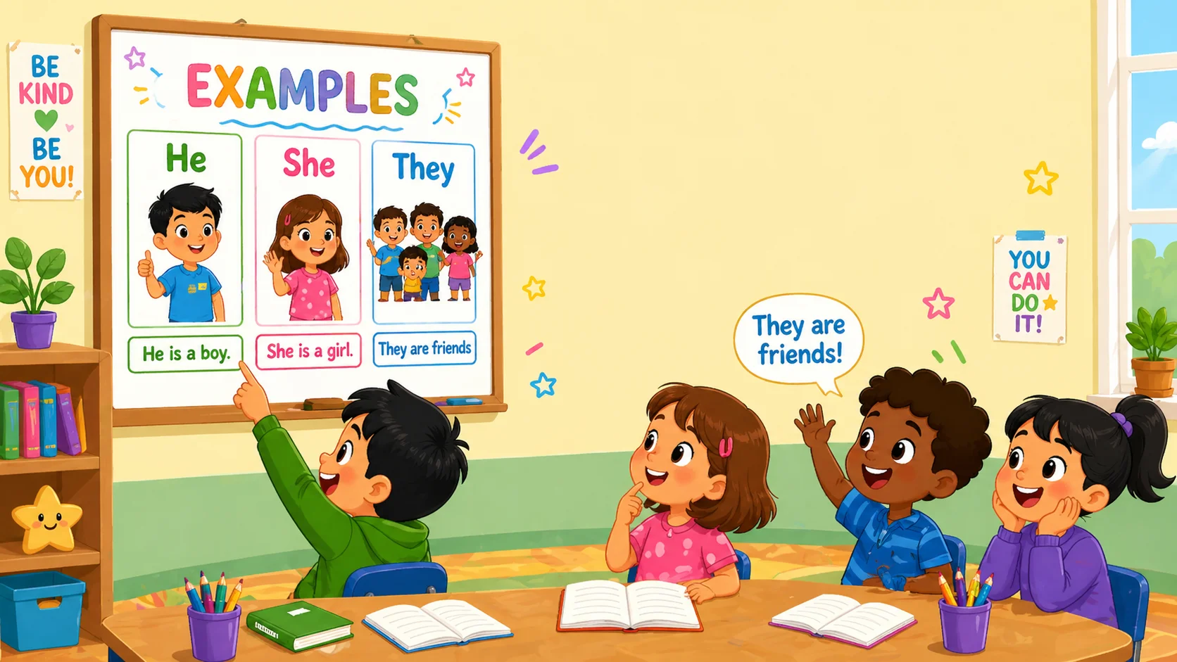 Pronoun examples for kids with picture cards in classroom activity.