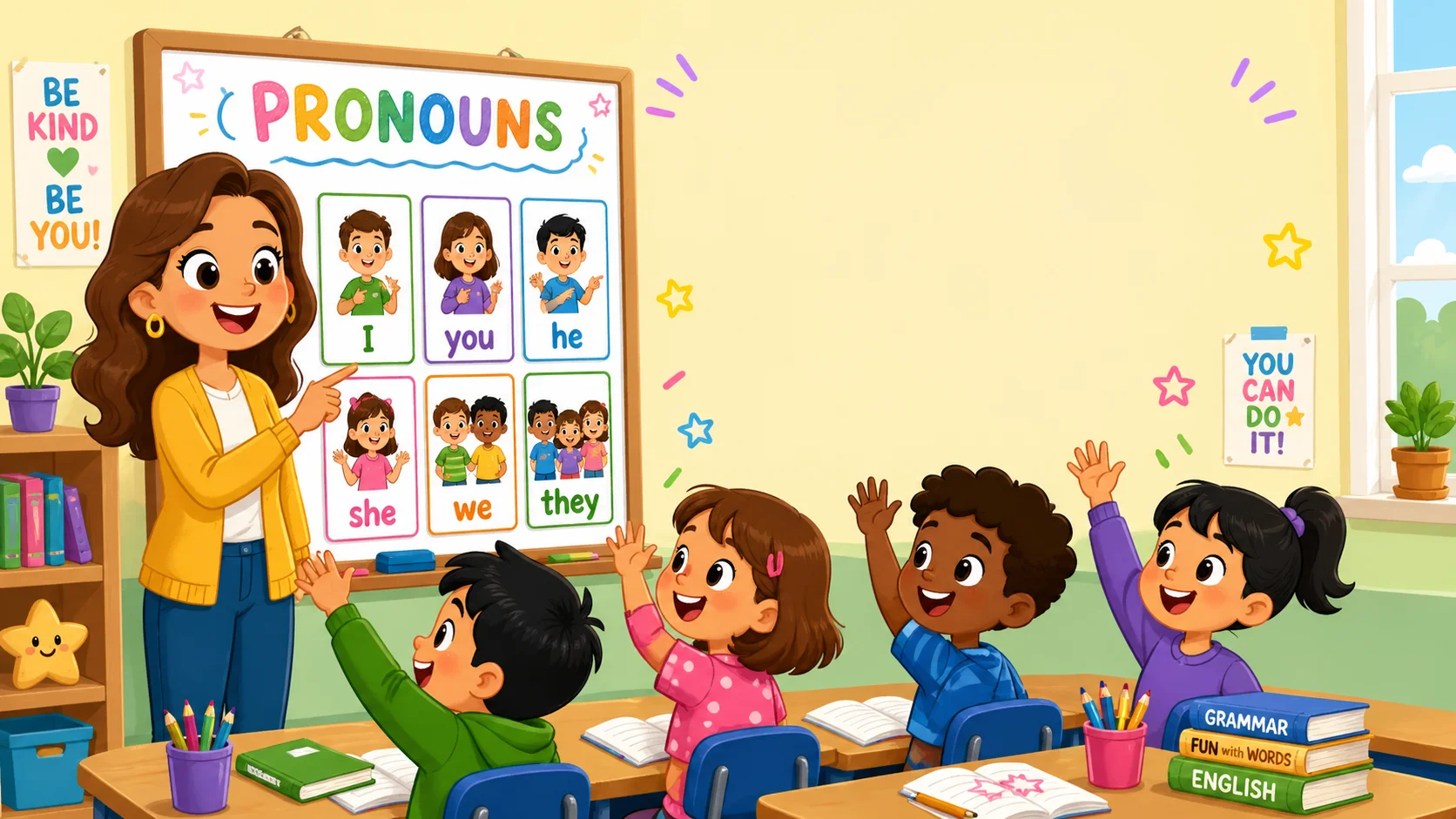 Pronouns for kids teaching steps with teacher and students in classroom.