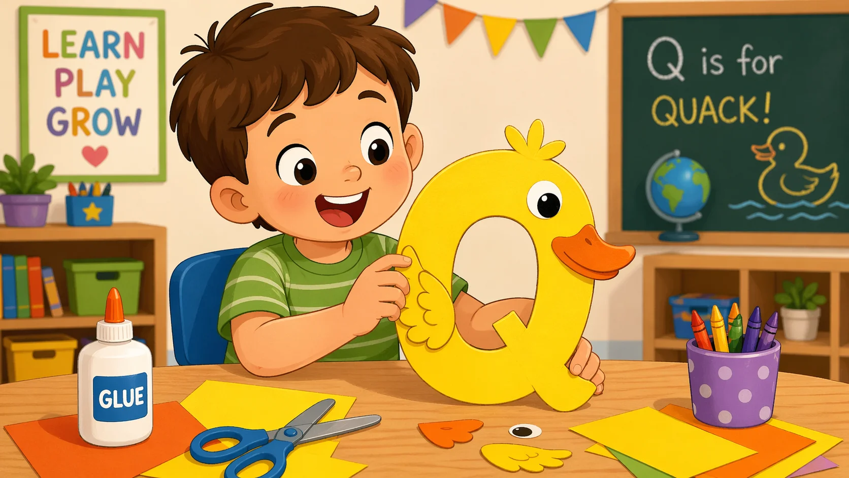 Q is for quack craft with preschool child making a duck letter Q.