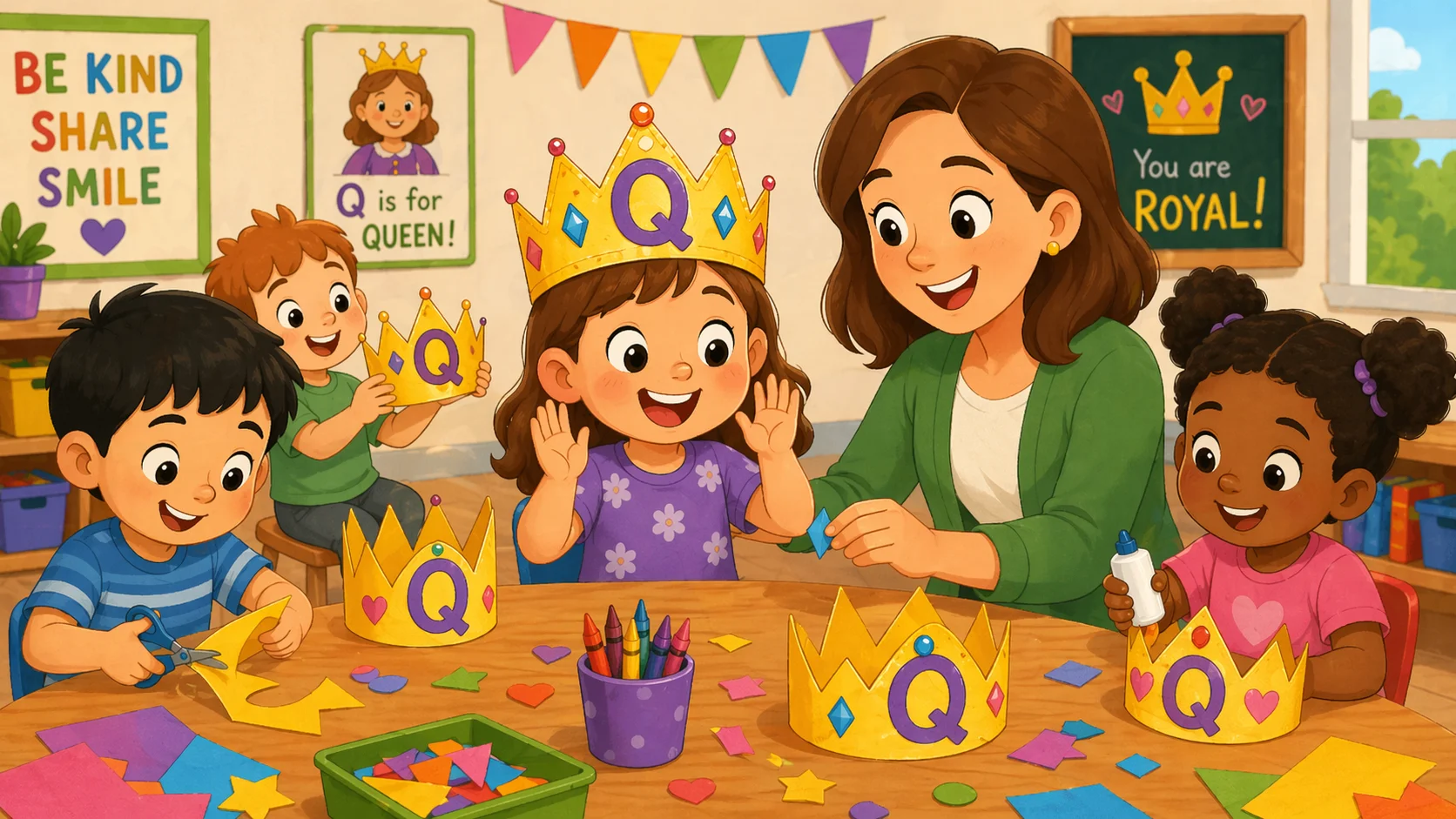 Q is for queen crown craft with preschool kids making letter Q crowns.