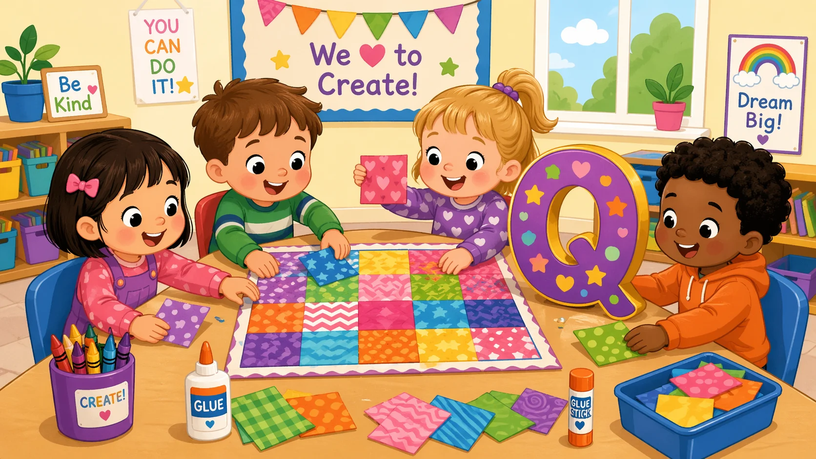 Q is for quilt collage with preschool kids making a colorful letter Q craft.