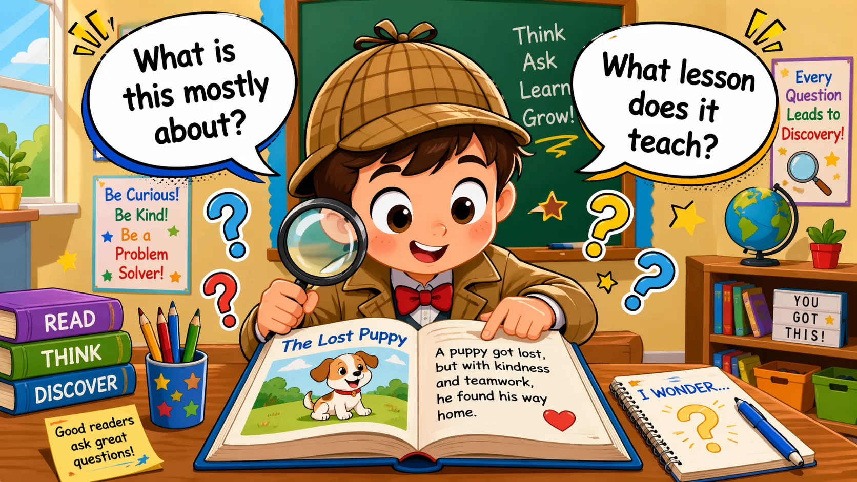 Questions to find main idea and theme while child reads like a detective.