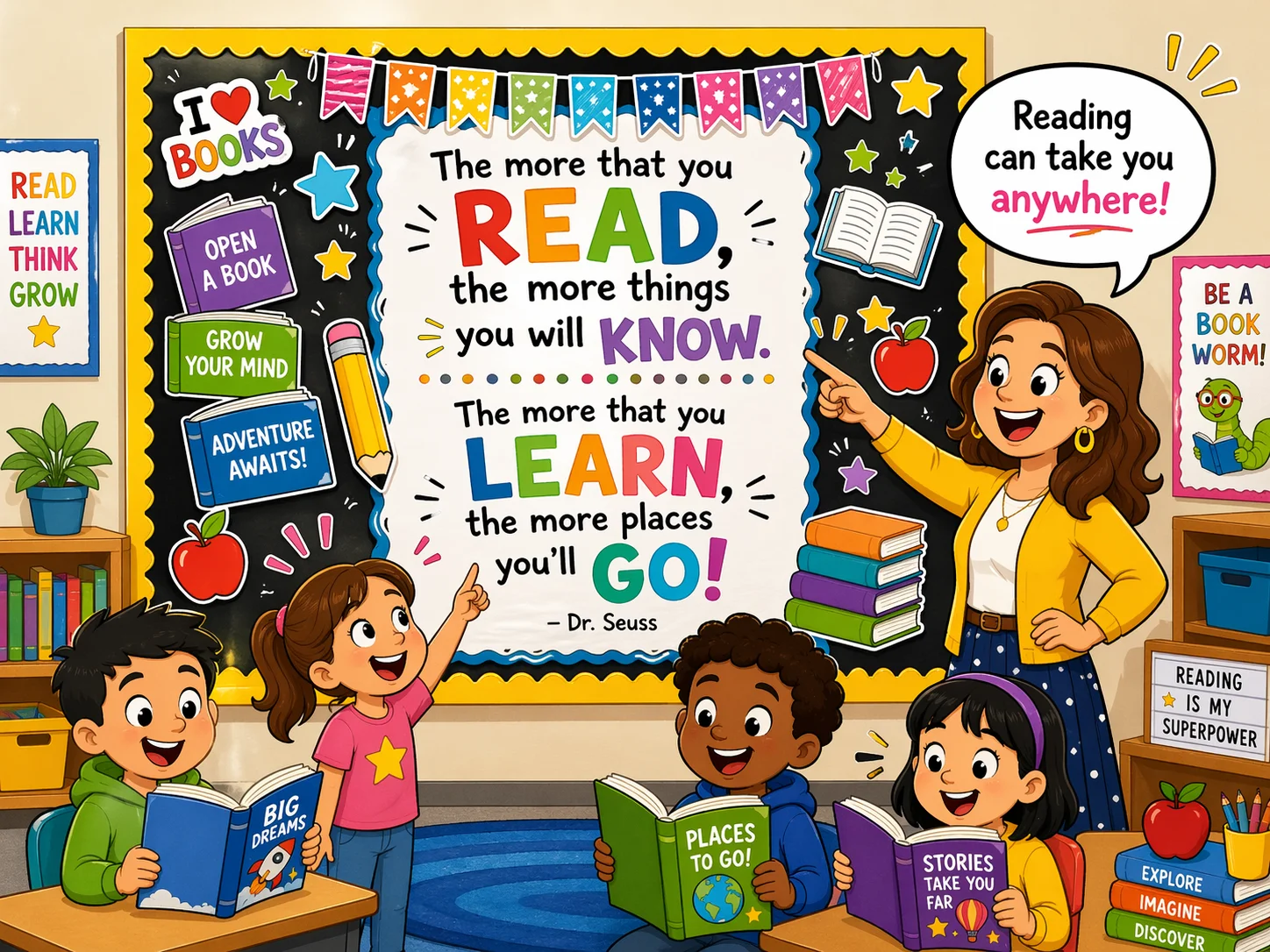 Quote message book display with reading quote on classroom bulletin board.