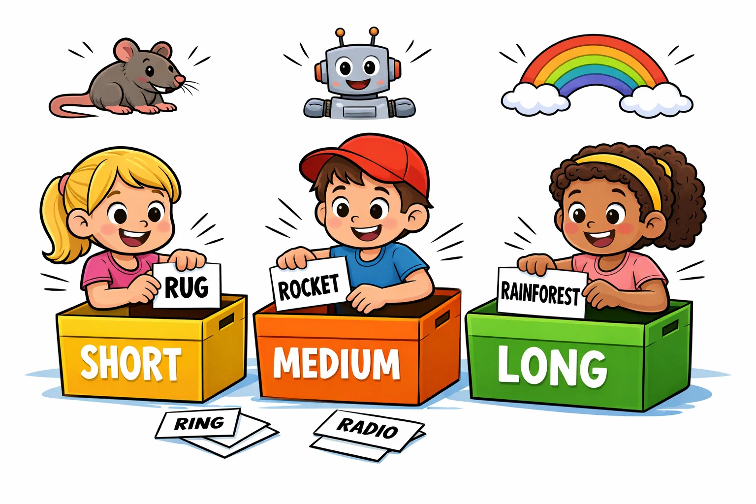 R words by length for kids with short, medium, and long word cards.
