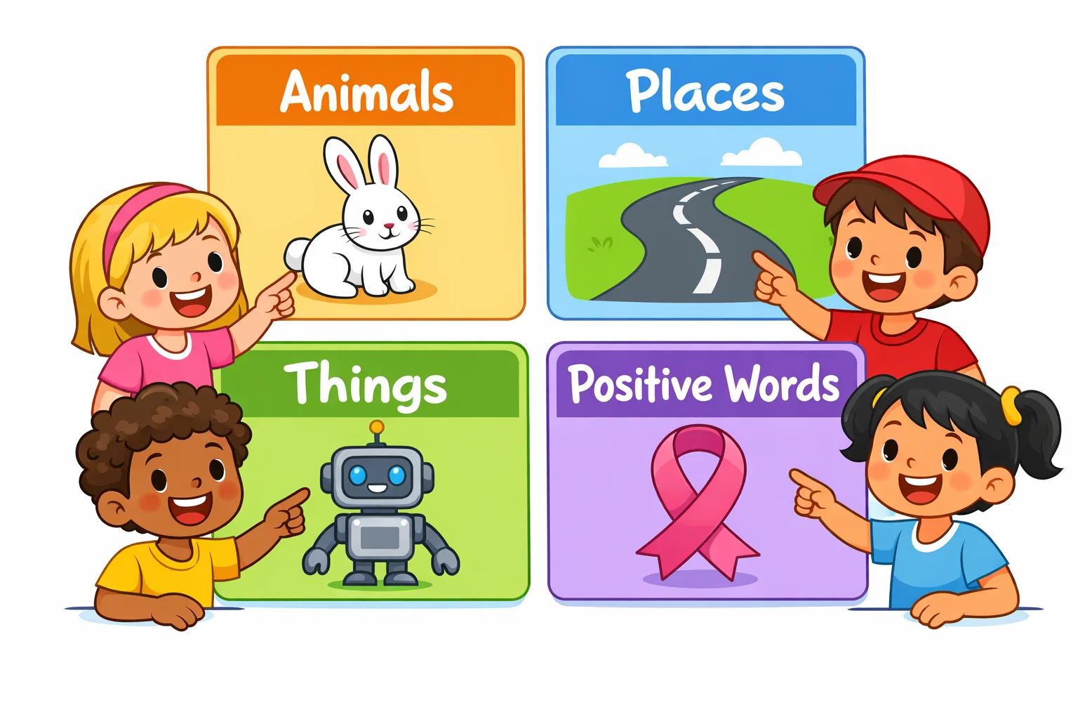 R words by topic for kids with animals, places, things, and positive words.
