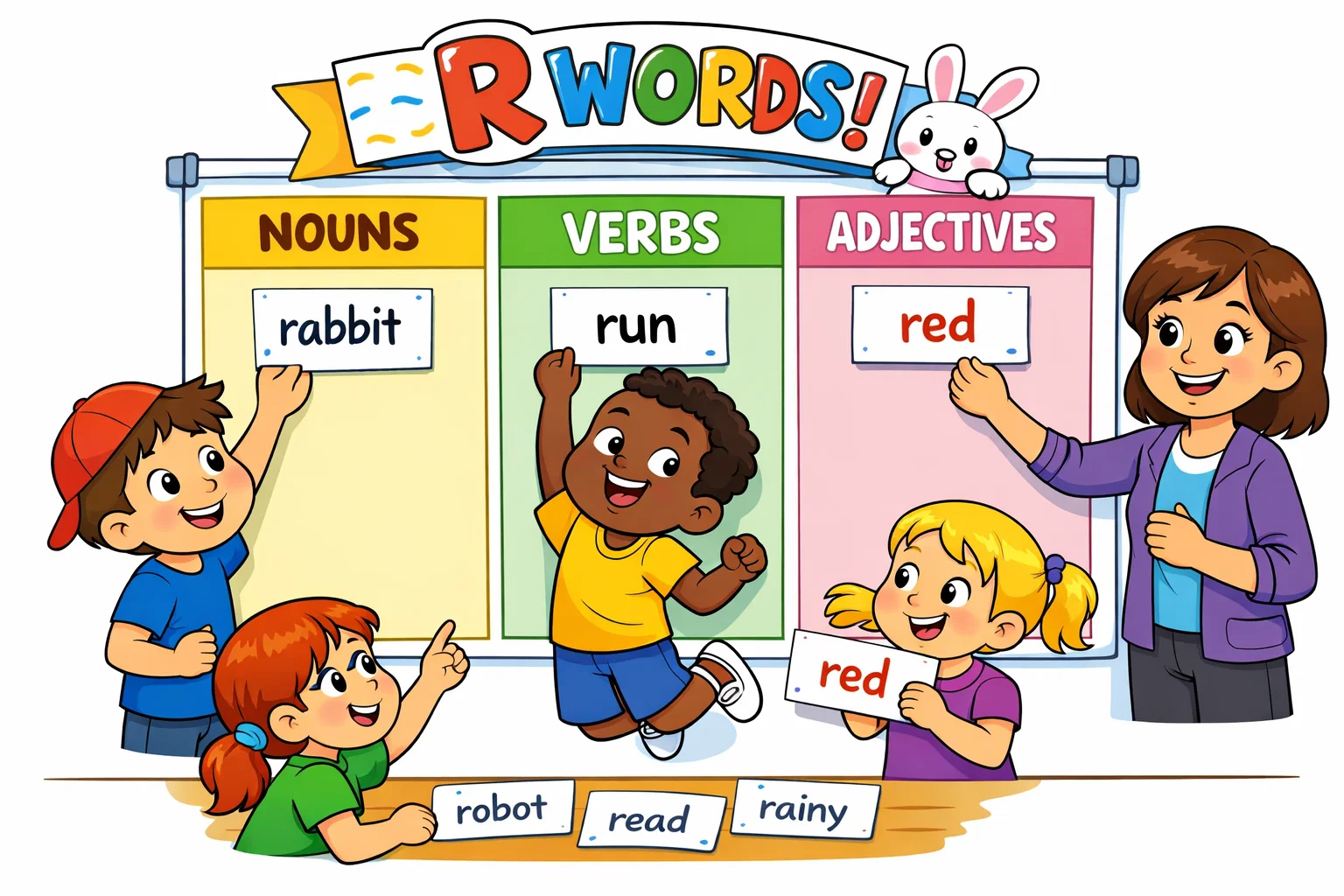 R words by word type for kids with noun, verb, and adjective cards.
