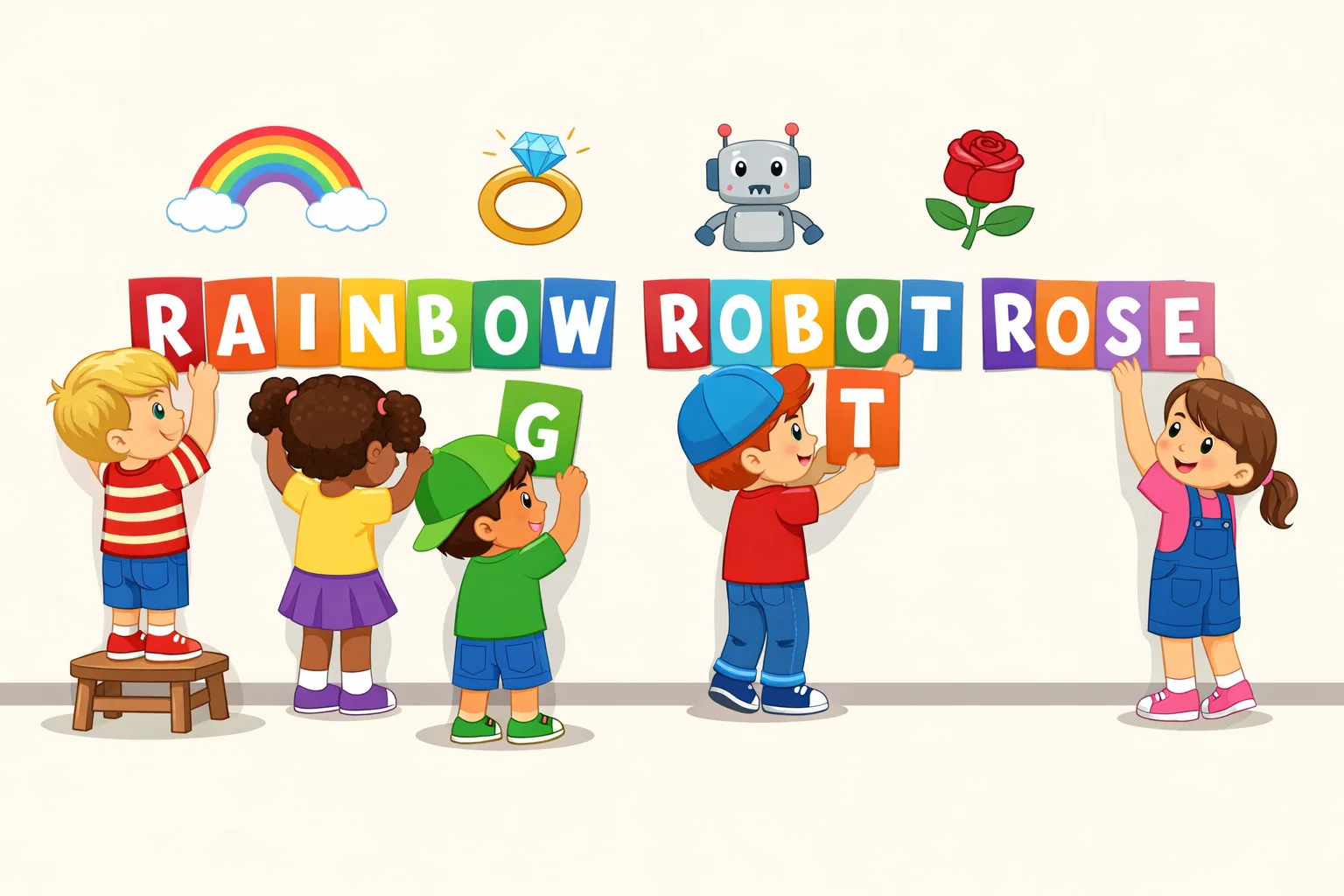 R words in alphabetical order with kids arranging word cards on a wall.
