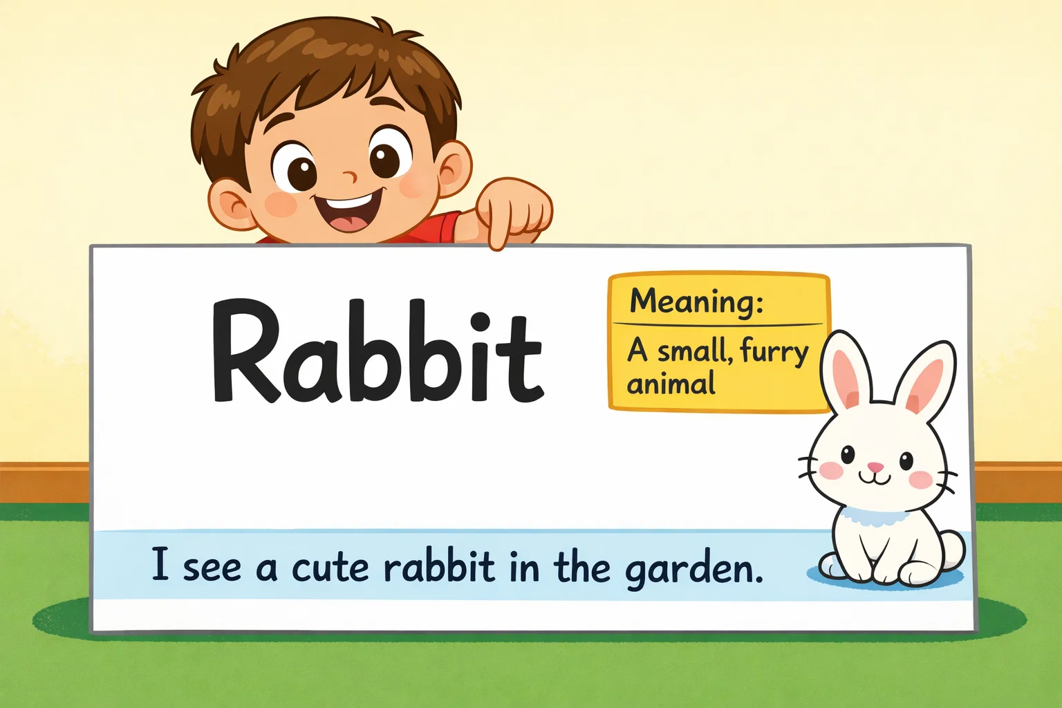 R words with meaning and sentence on a card with a rabbit picture.
