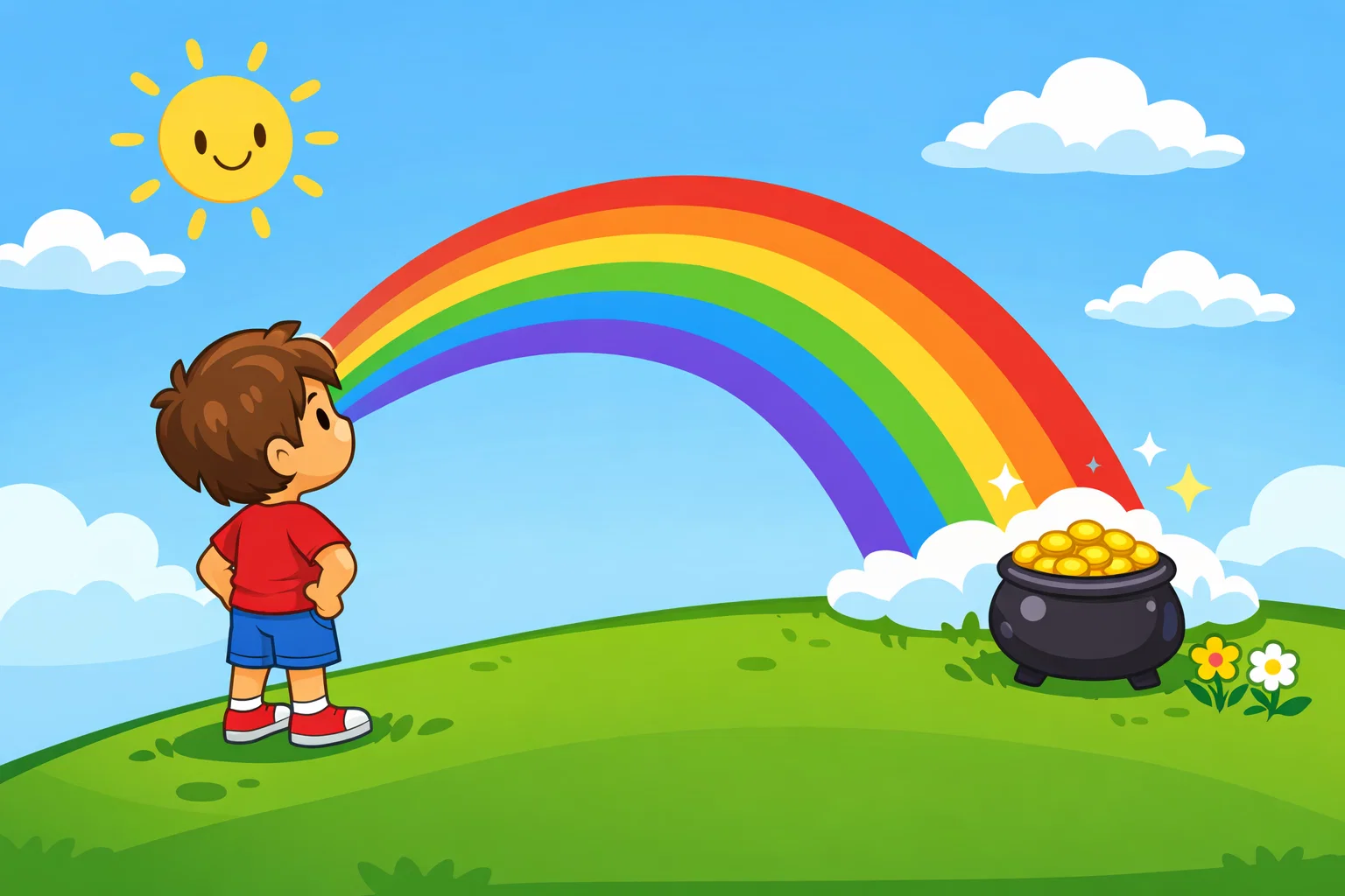  Rainbow arc end cartoon with child looking at rainbow over hill.
