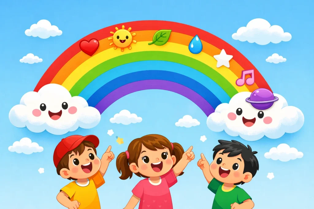 Rainbow colors meanings kids cartoon with happy children and bright rainbow sky.