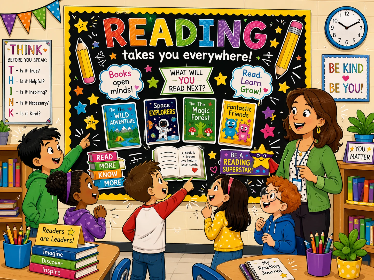 Reading bulletin board ideas for elementary classrooms with students and teacher.