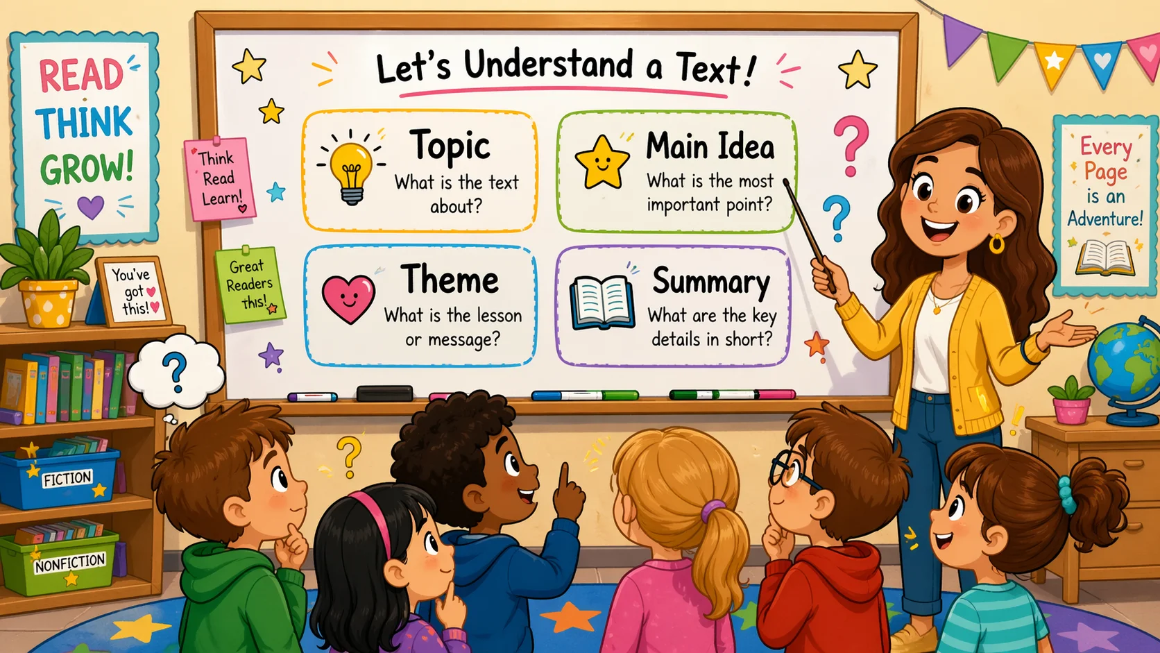 Related reading terms with main idea, theme, topic, and summary on board.