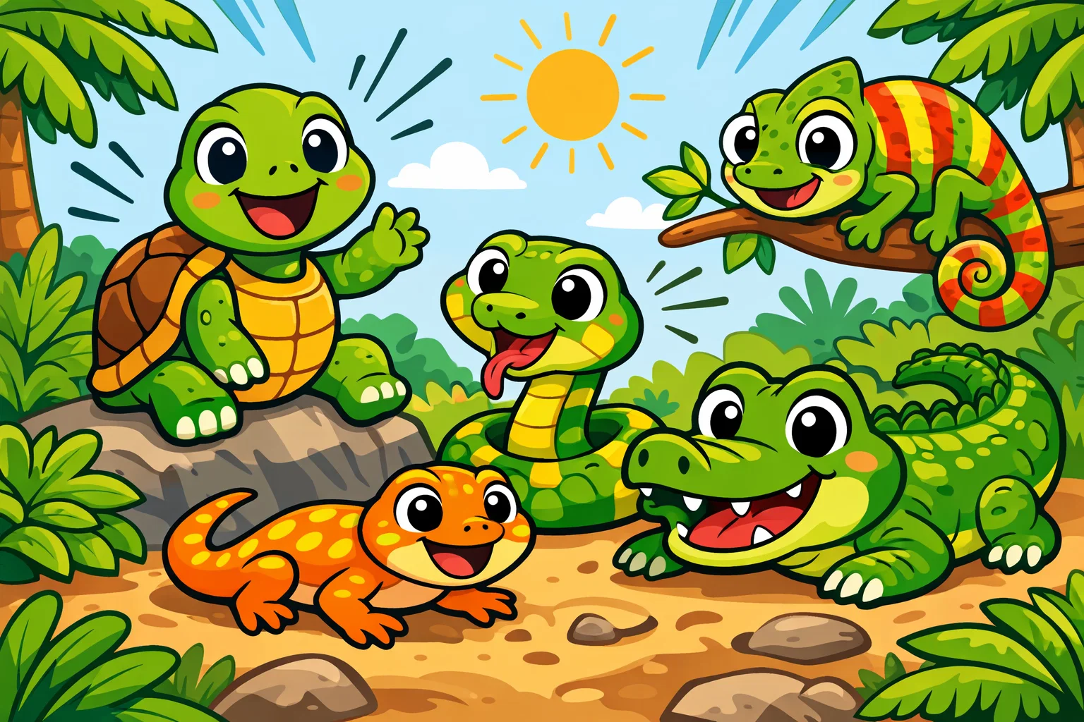  Reptile facts for kids cartoon with turtle, snake, lizard, and crocodile.
