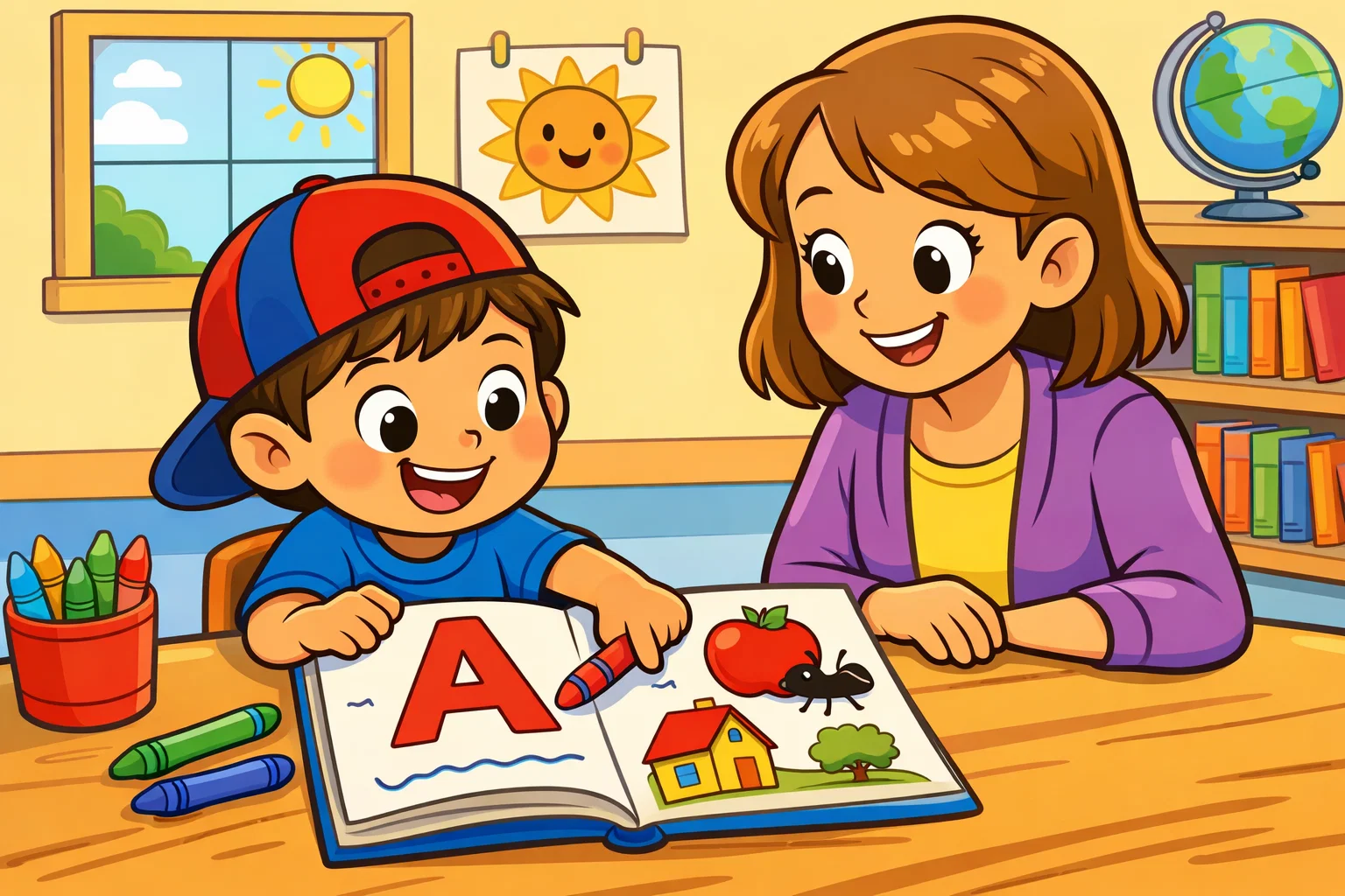 Rhyme search Letter A activity with child finding A on page.
