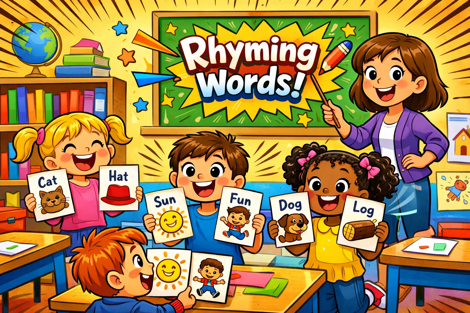 Rhyming words kindergarten kids learning with picture cards in a fun classroom.
