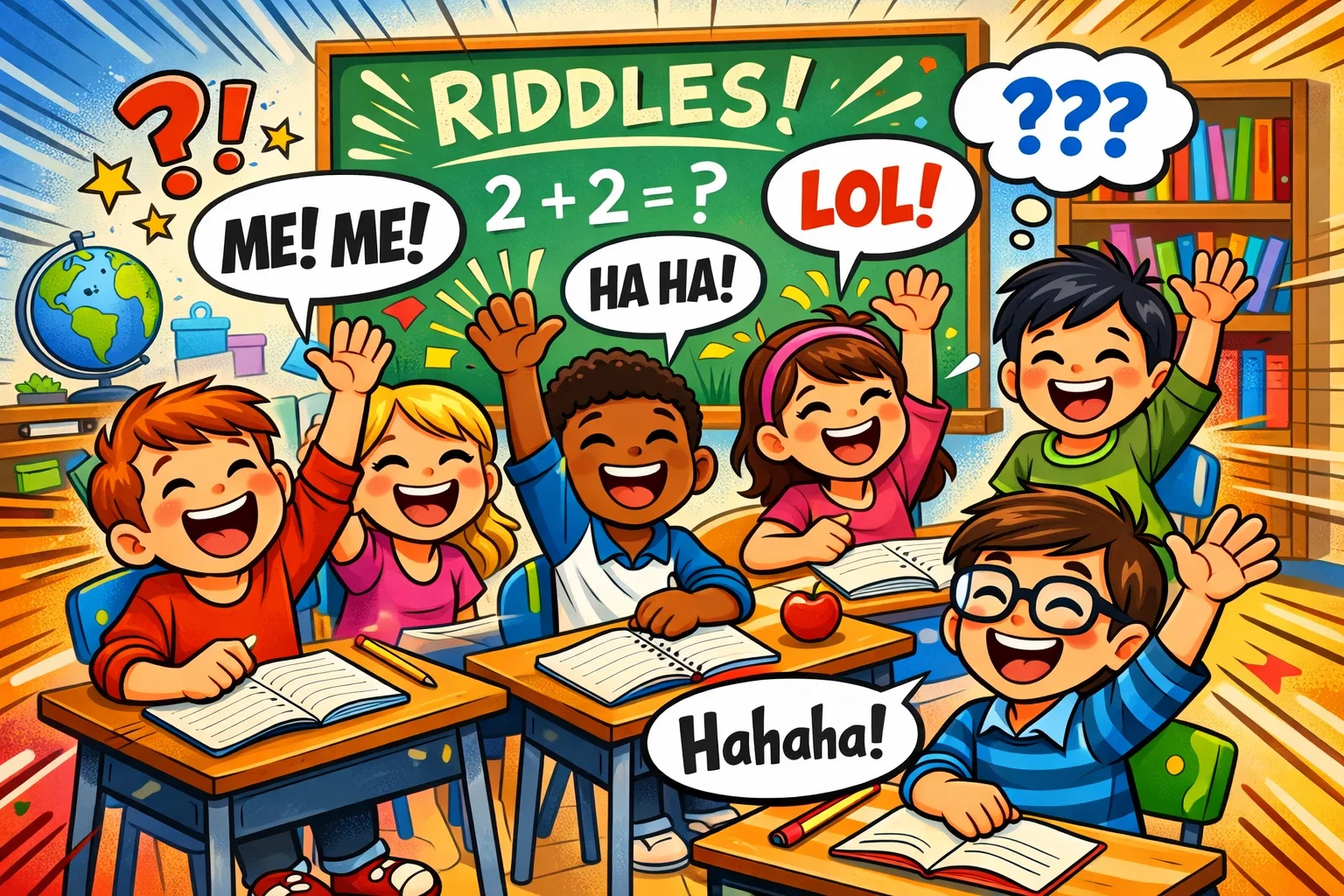 Riddles for 2nd grade students with kids solving funny clues in classroom.