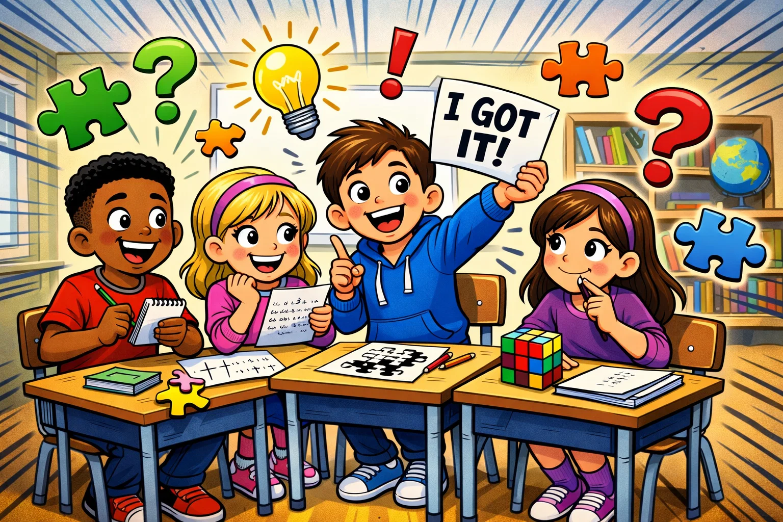 Riddles for 4th grade students solving puzzle clues at school desks.