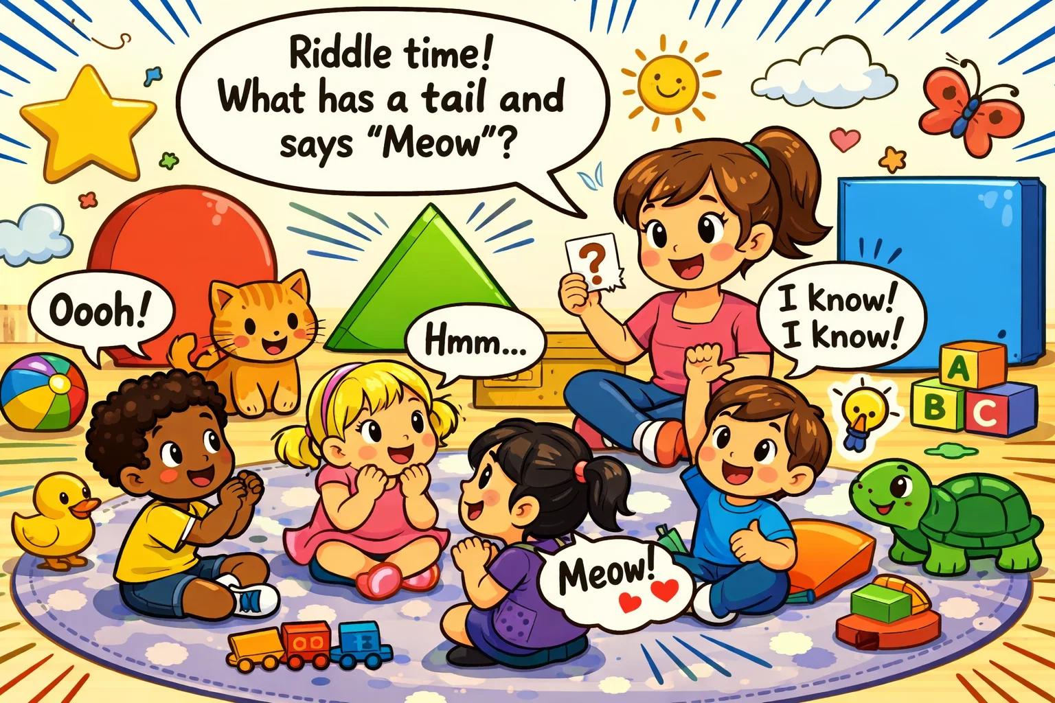 Riddles for kindergarten students with happy kids and simple classroom objects.