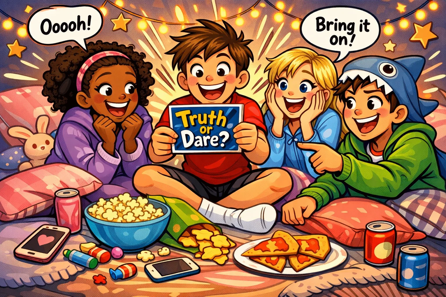Safe fun truth or dare teens playing at a sleepover party with friends.