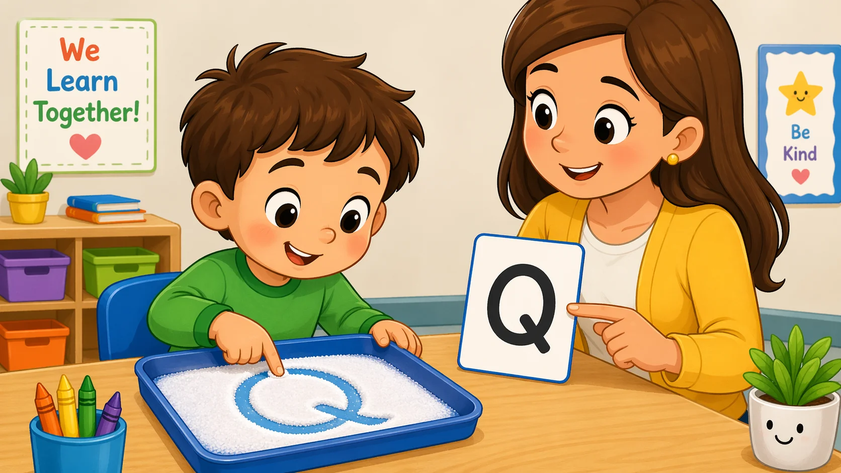 Salt tray letter Q tracing with preschool child practicing letter formation.