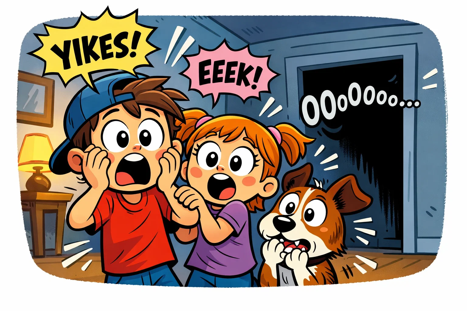 Scared kids and dog in spooky hallway for fear sayings cartoon.
