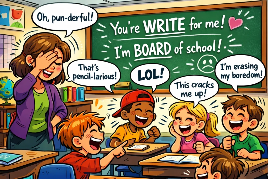 School puns funny classroom students laughing at jokes during class.