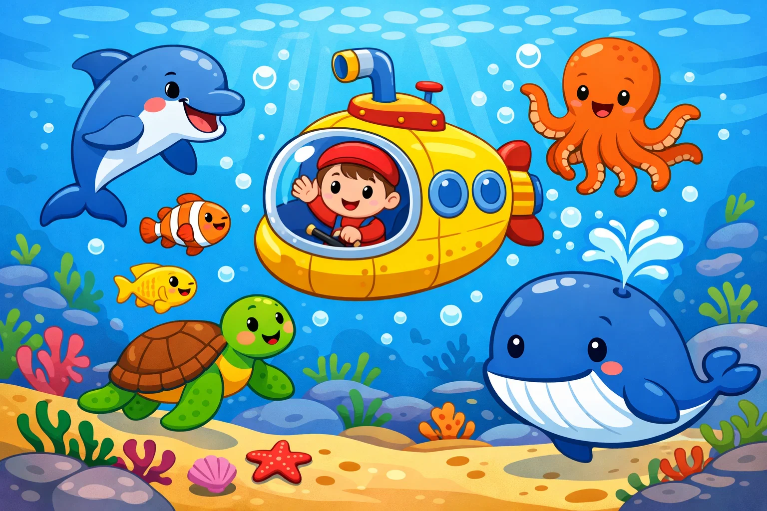  Sea life aquatic creatures kids image with dolphin, fish, octopus, turtle, and whale.
