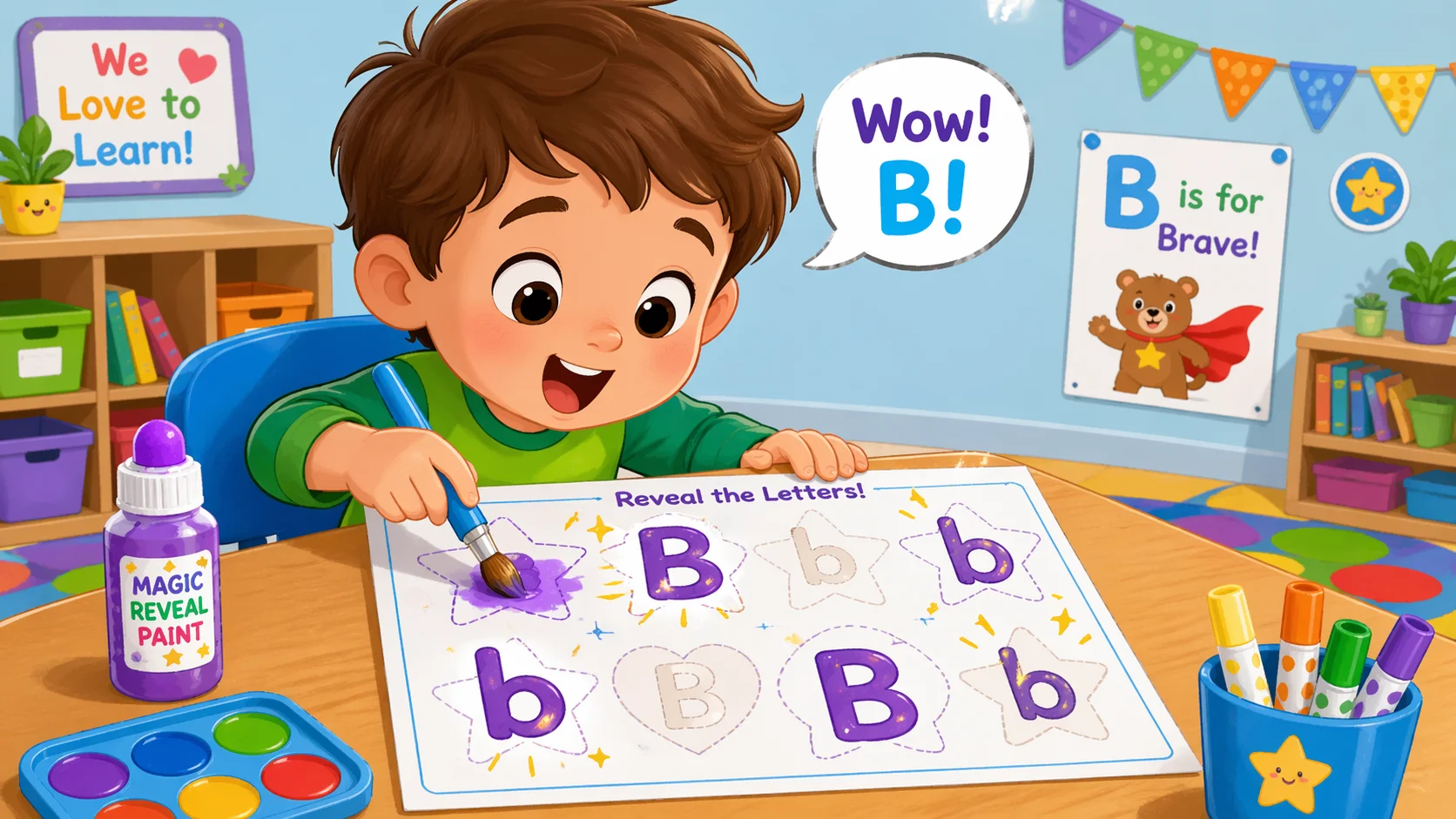 Secret symbols letter B activity with child revealing hidden shapes.