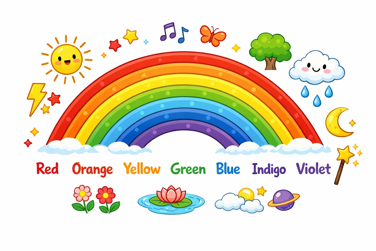 Seven rainbow colors meanings shown with labels and symbols in bright cartoon.
