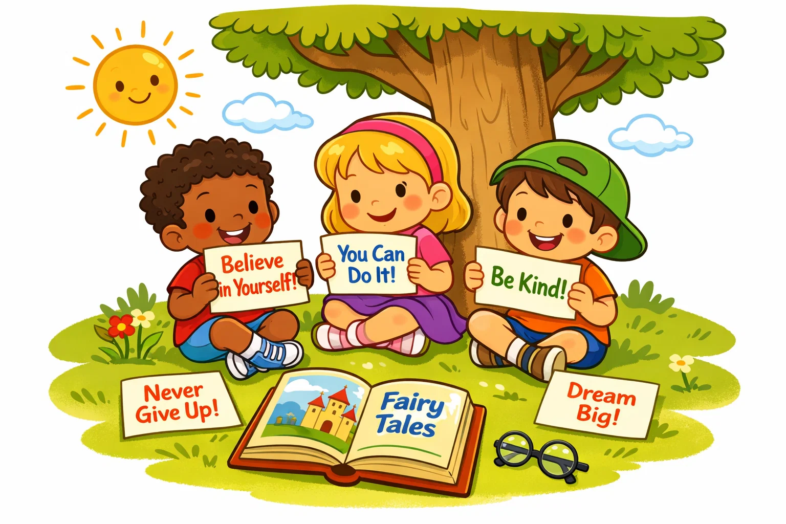 Short famous summer quotes kids image with children reading quote cards.
