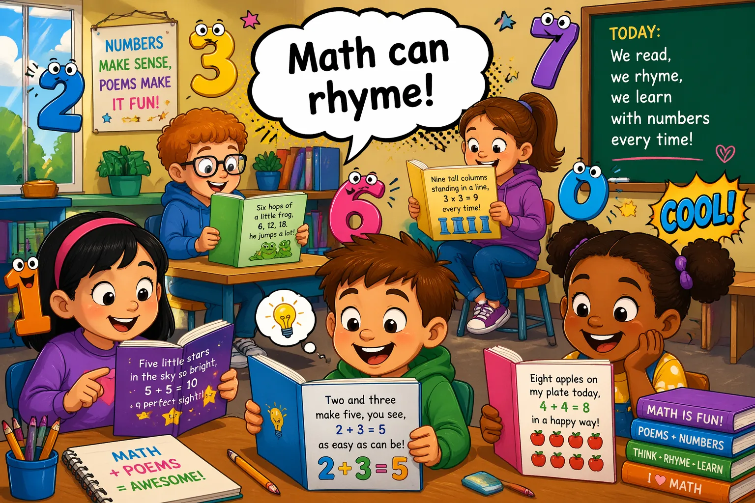 Short math poems students all grades with kids reading rhyming math lines.