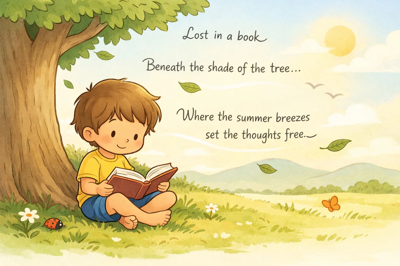 Short summer quotes literature poetry kids image with child reading outdoors.
