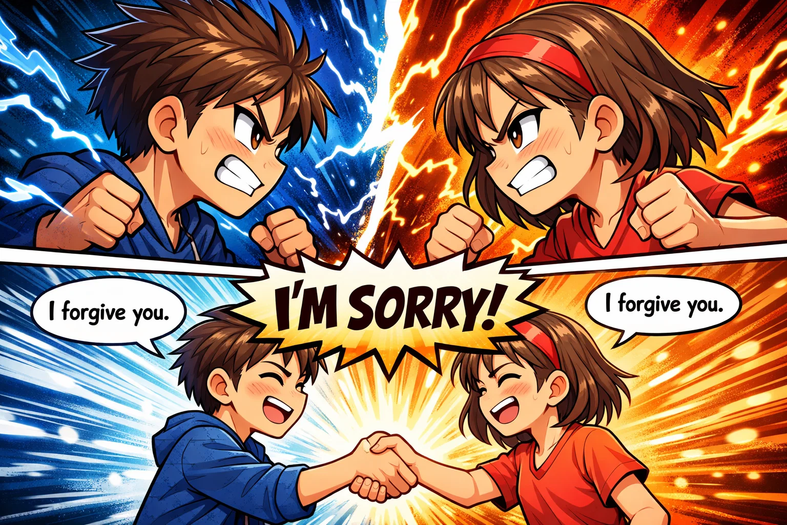 Cartoon siblings move from clash to handshake showing respectful conflict resolution.
