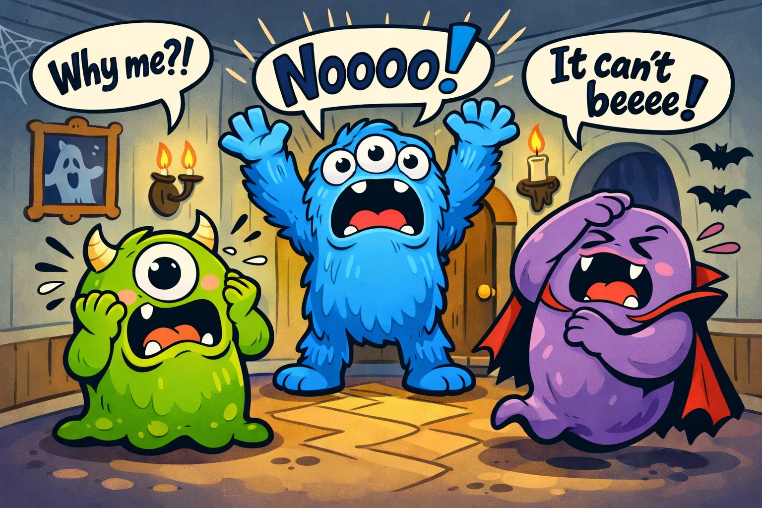 Silly monsters quotes in a spooky cartoon hallway with funny expressions.
