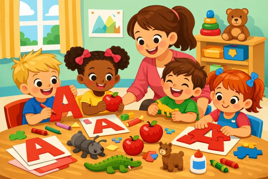 Simple letter A activities for preschoolers and kindergartners in a bright classroom.