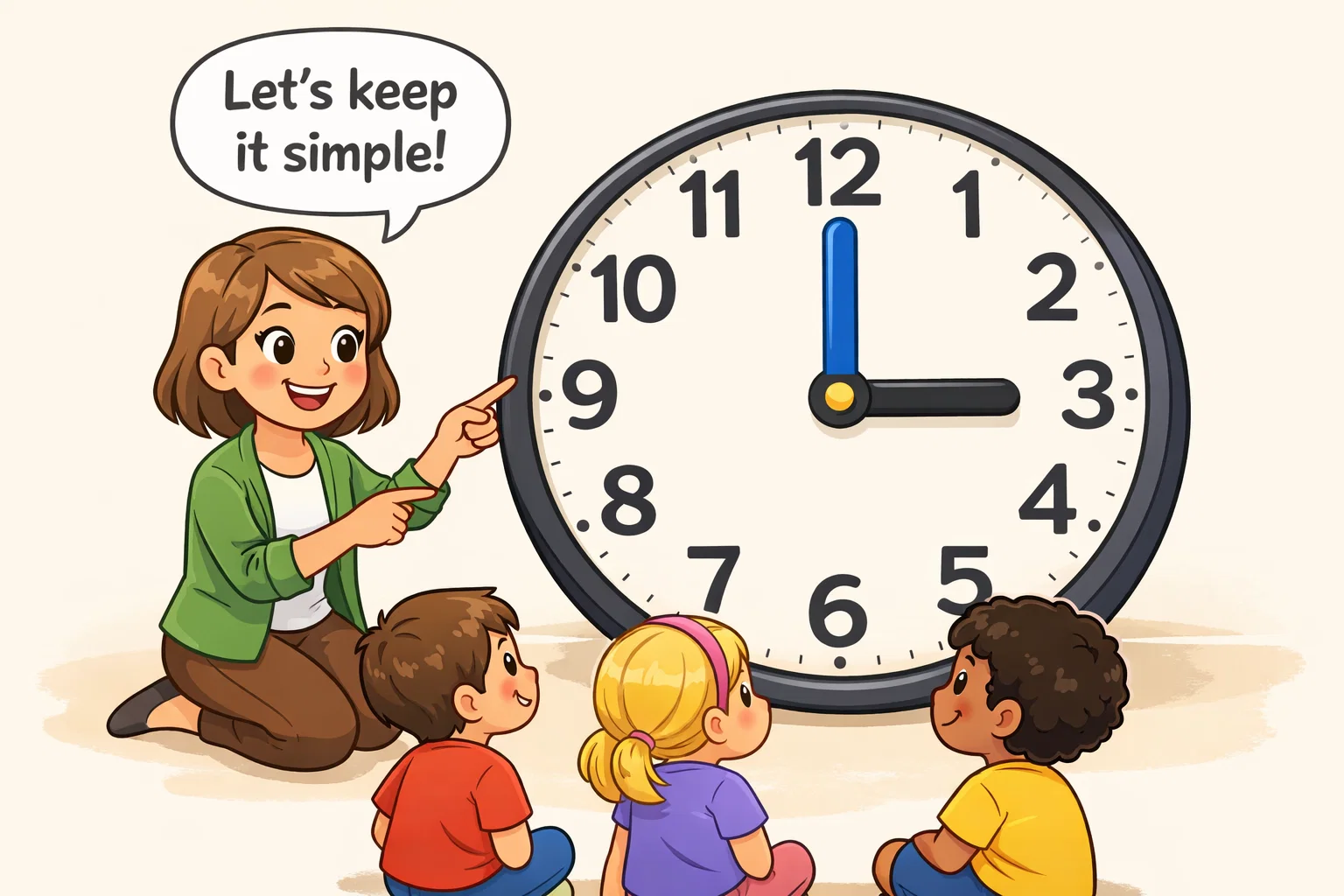 A simple method helps children understand telling time using a large clock.

