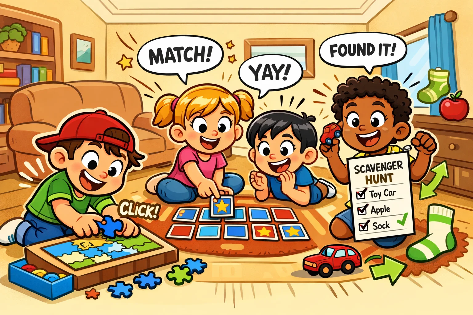 Skill building indoor games for kids with puzzles and memory activities.