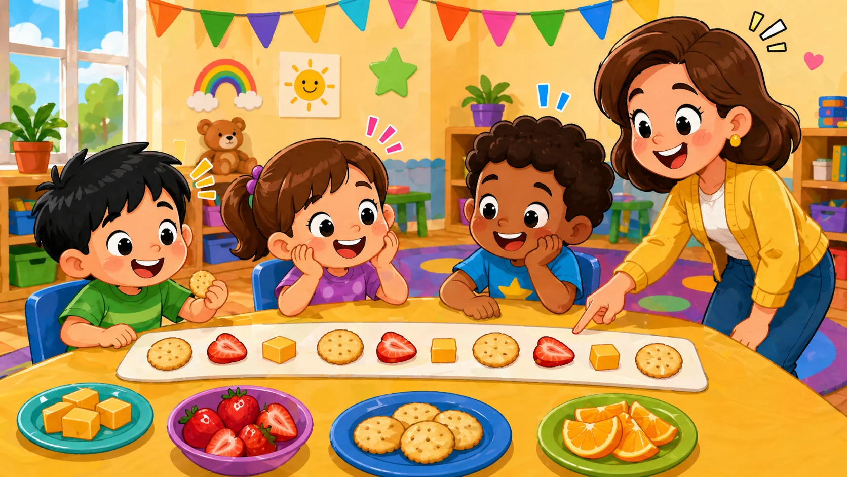 Snack time patterns with fruit, crackers, and cheese for preschoolers.