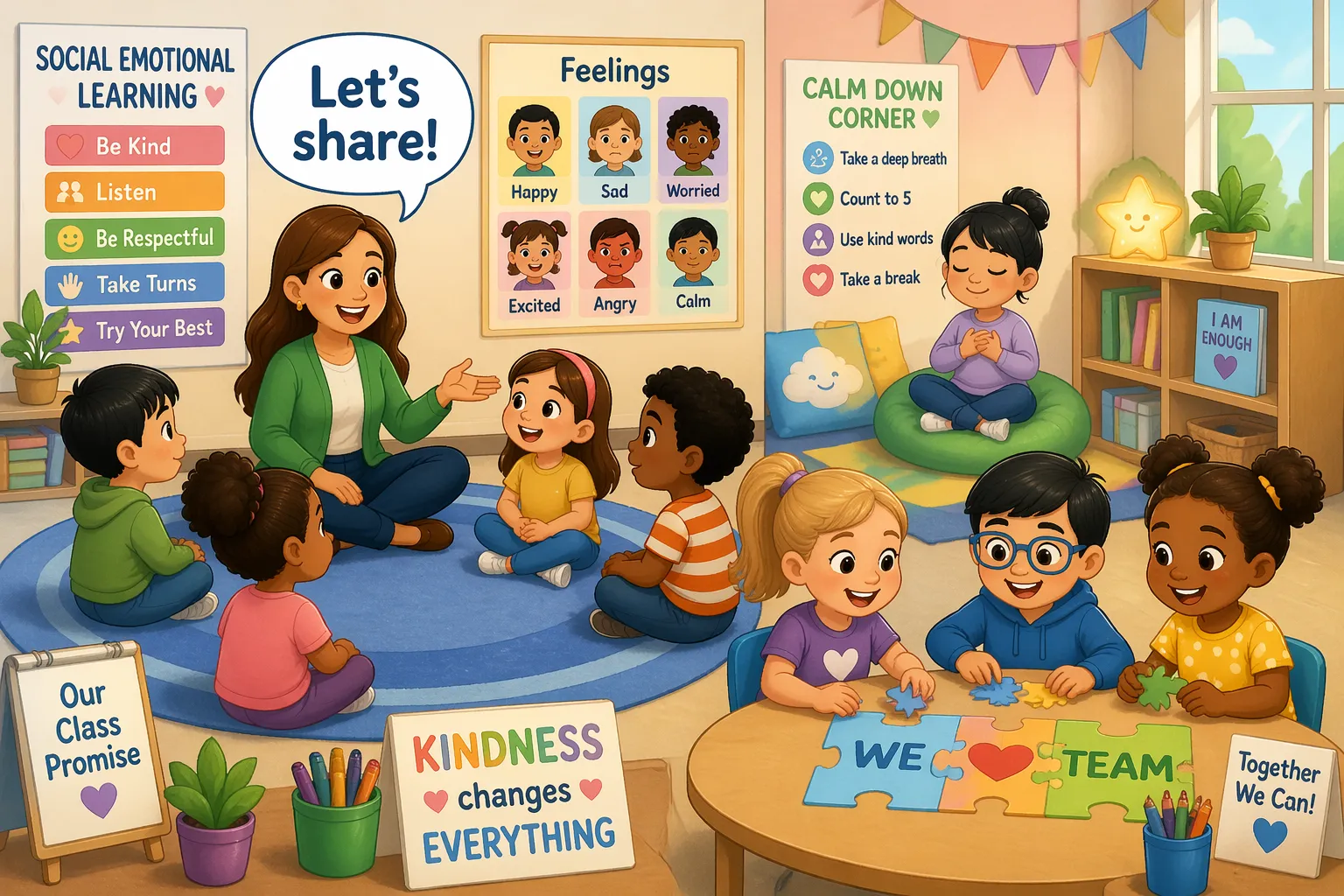 Social emotional learning preschool implementation with teacher guiding kids. 