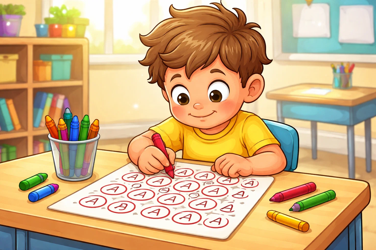 Spot letter A symbol activity on worksheet for preschoolers.
