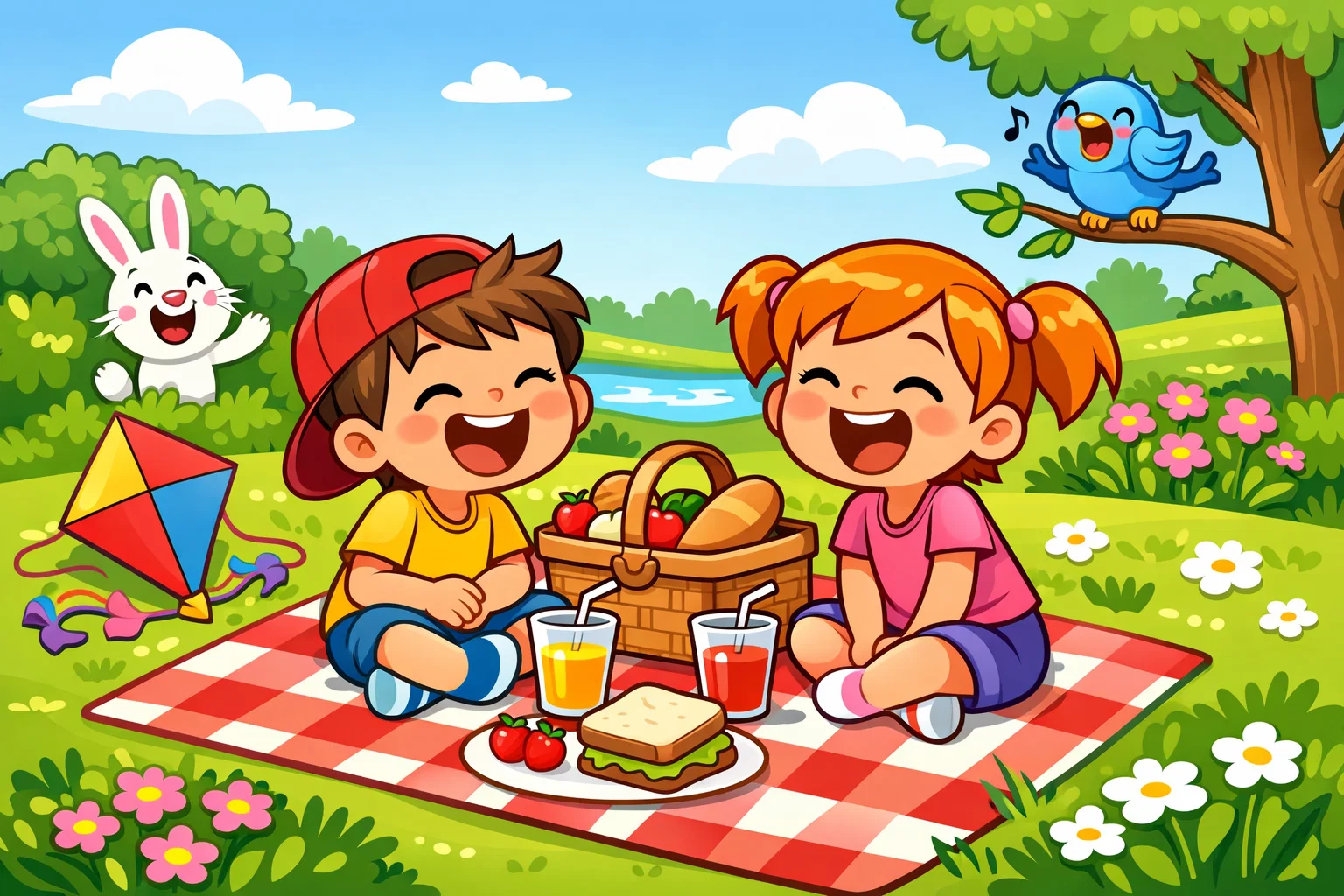 Spring break jokes for kids with laughing children enjoying picnic and kite in park.
