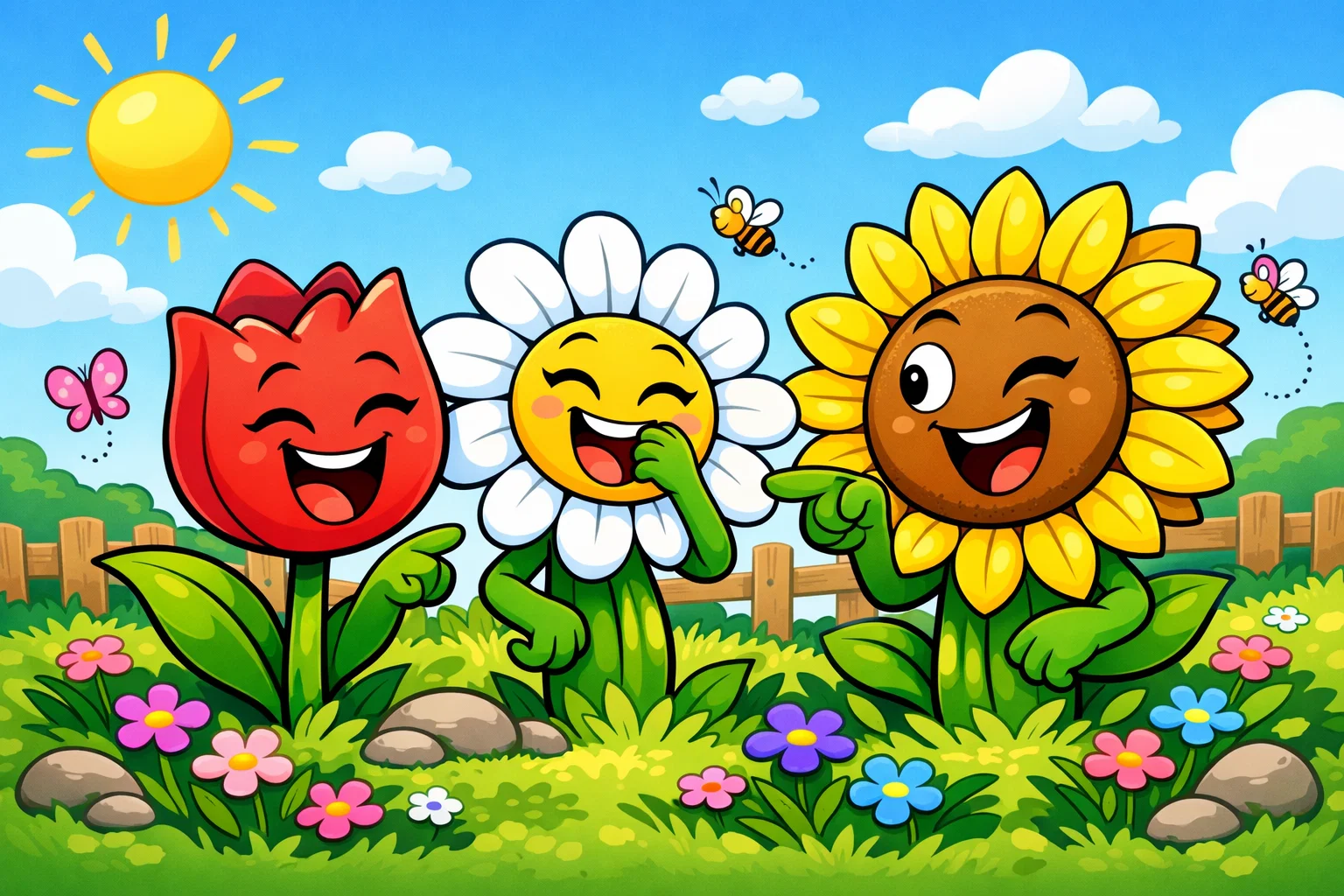 Spring flower jokes for kids with smiling tulip, daisy, and sunflower in garden.
