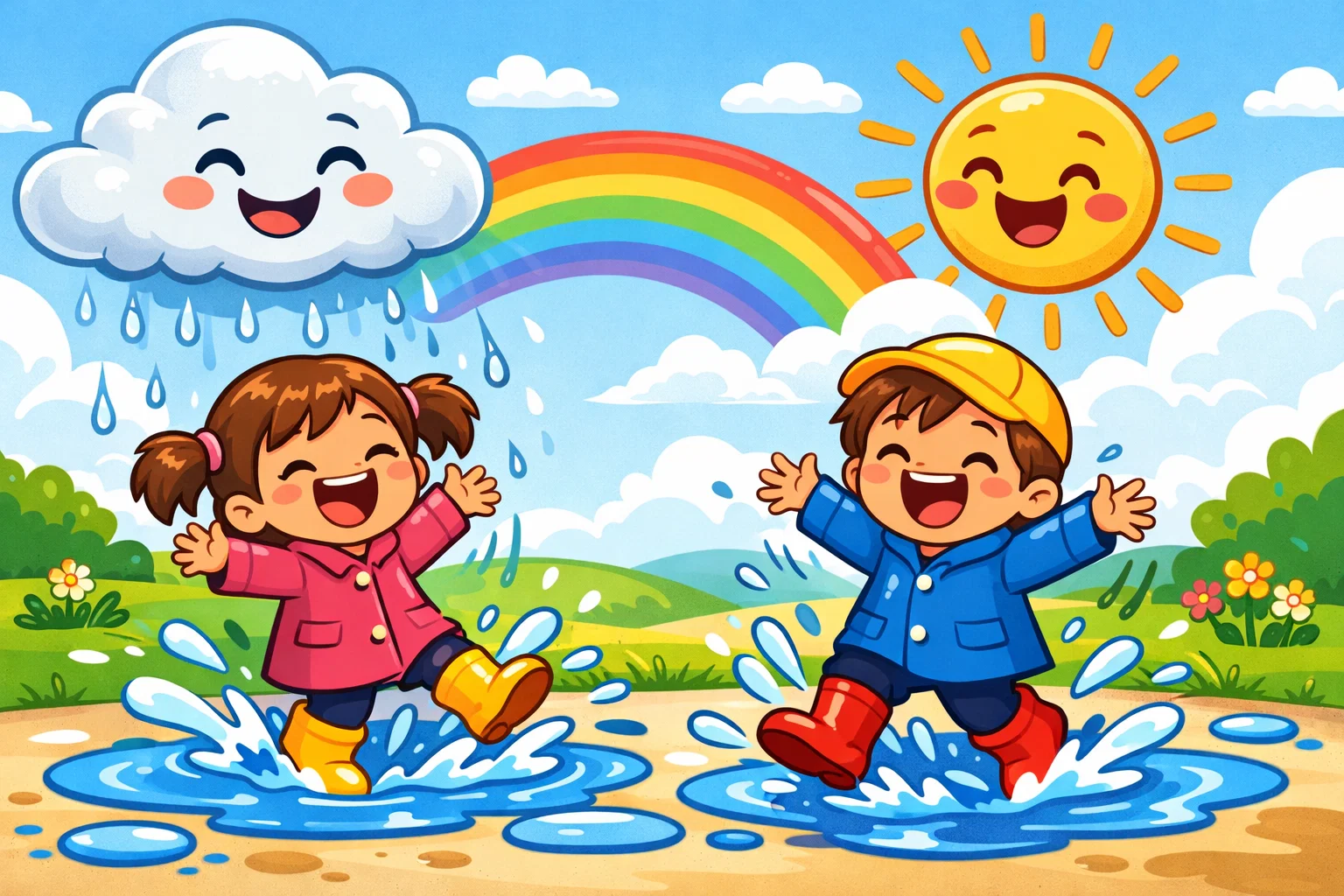 Spring weather jokes for kids with smiling sun, rain cloud, rainbow, and laughing children.
