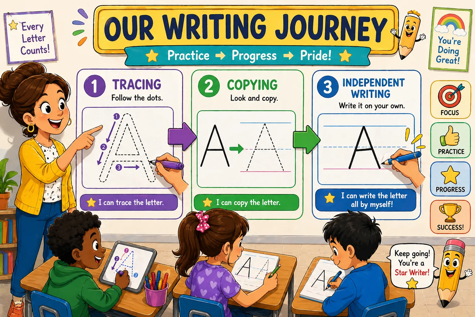 Step by step process to teach writing letters to kids with tracing copying and independent writing stages. 
