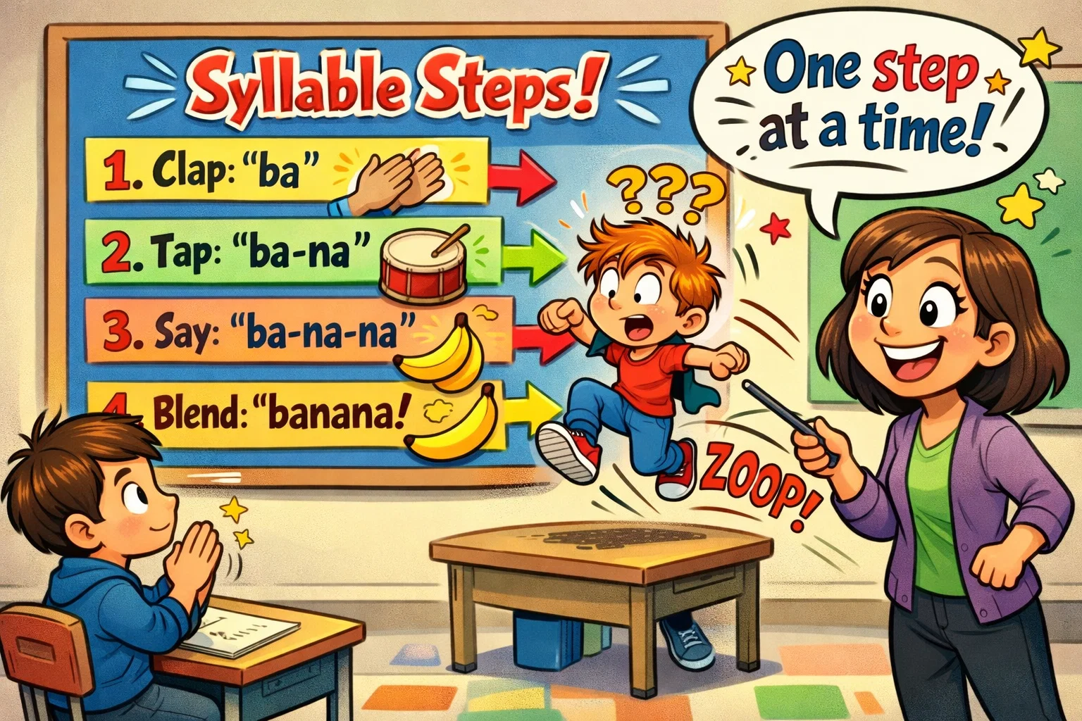  Step by step process for teaching syllables shown with students in the classroom.
