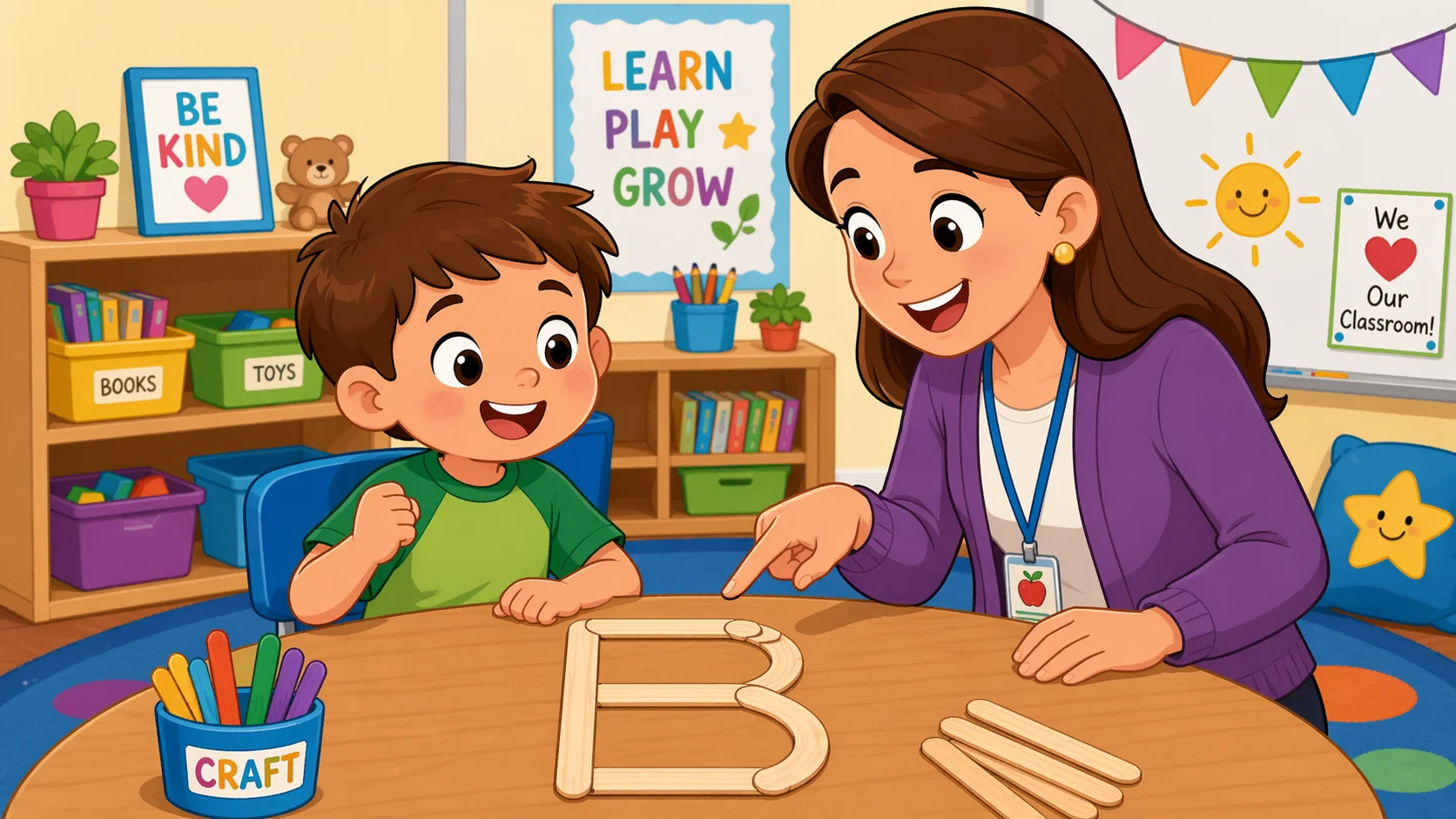 Stick building letter B activity with child making letter shape.