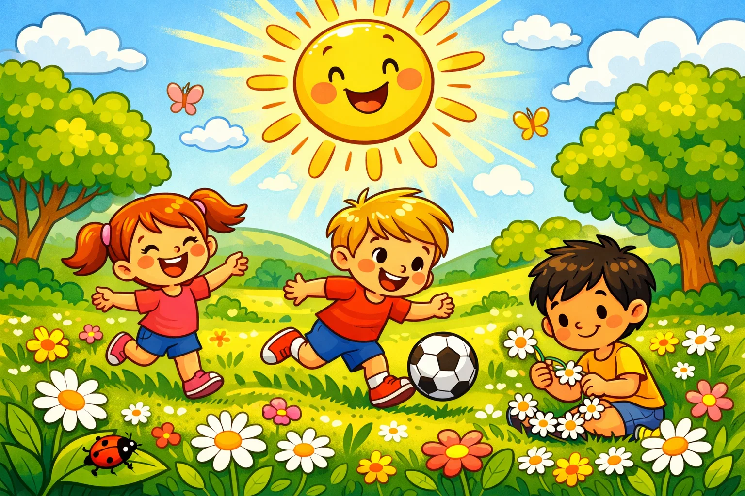 Summer Sun by Robert Louis Stevenson in bright summer cartoon scene.